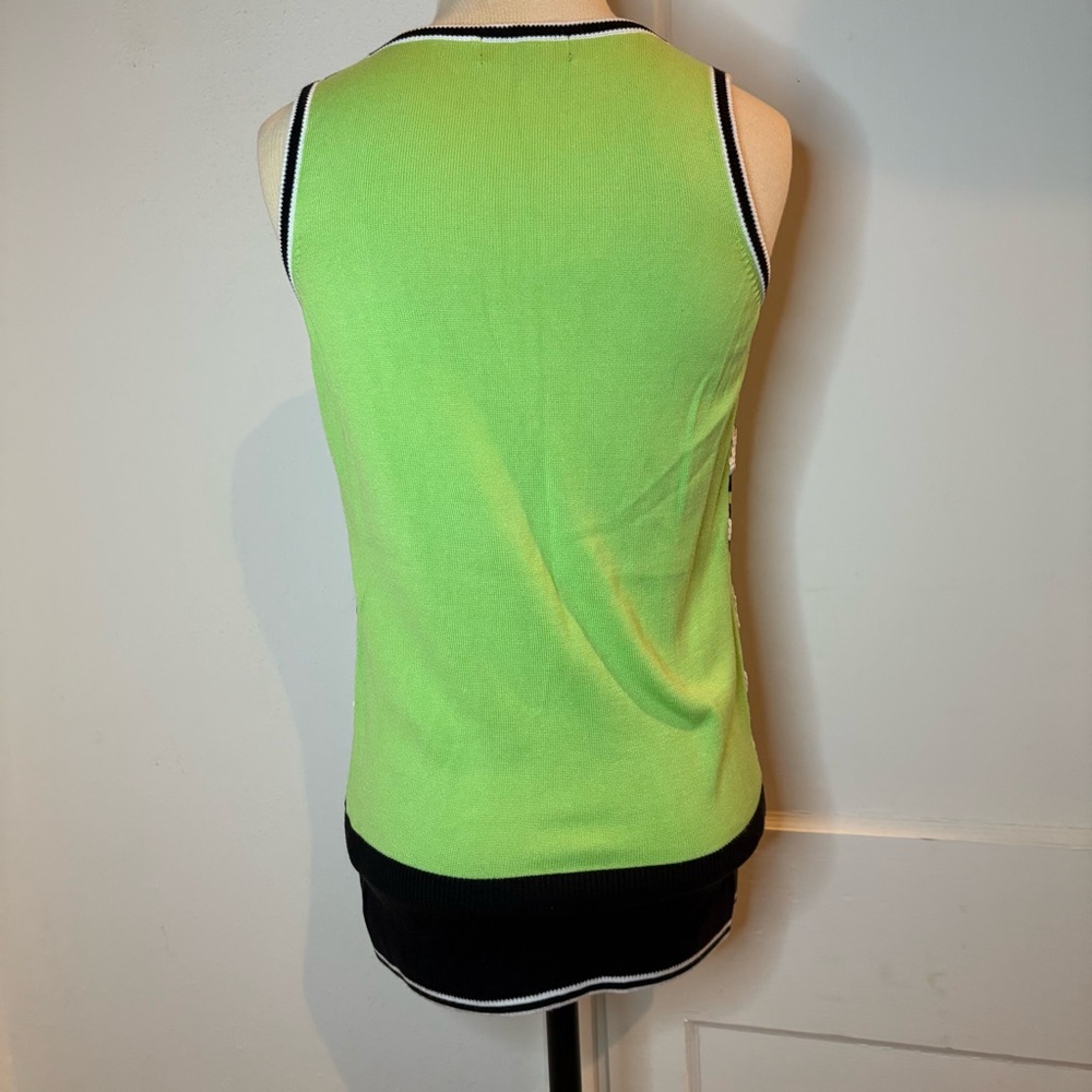 Vintage Berek groovy lime green black & white sequin sweater vest - Picture 2 of 5